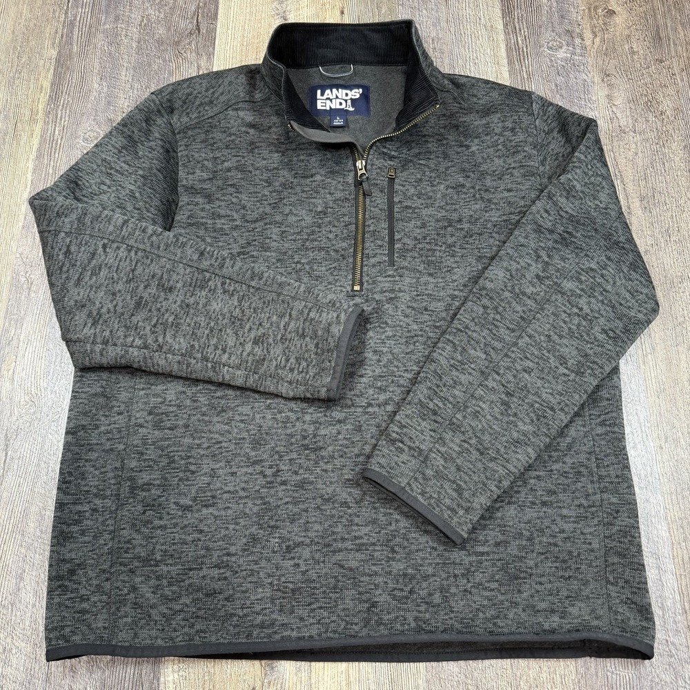 Lands End Sweater Fleece Mens Large Gray 1/4 Zip Pullover Corduroy Mockneck